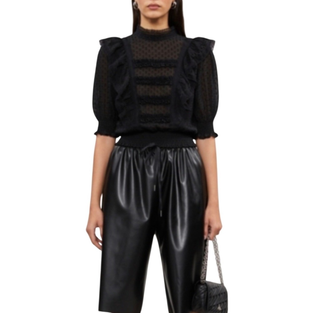 The Kooples Swiss Dot Lace Ruffle Blouse  FR 1/ US S  Black Mock Neck Top Gothic